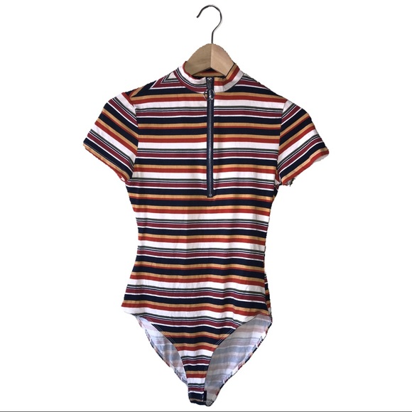 stripped colorful body suit with zipper at neck - Picture 1 of 2